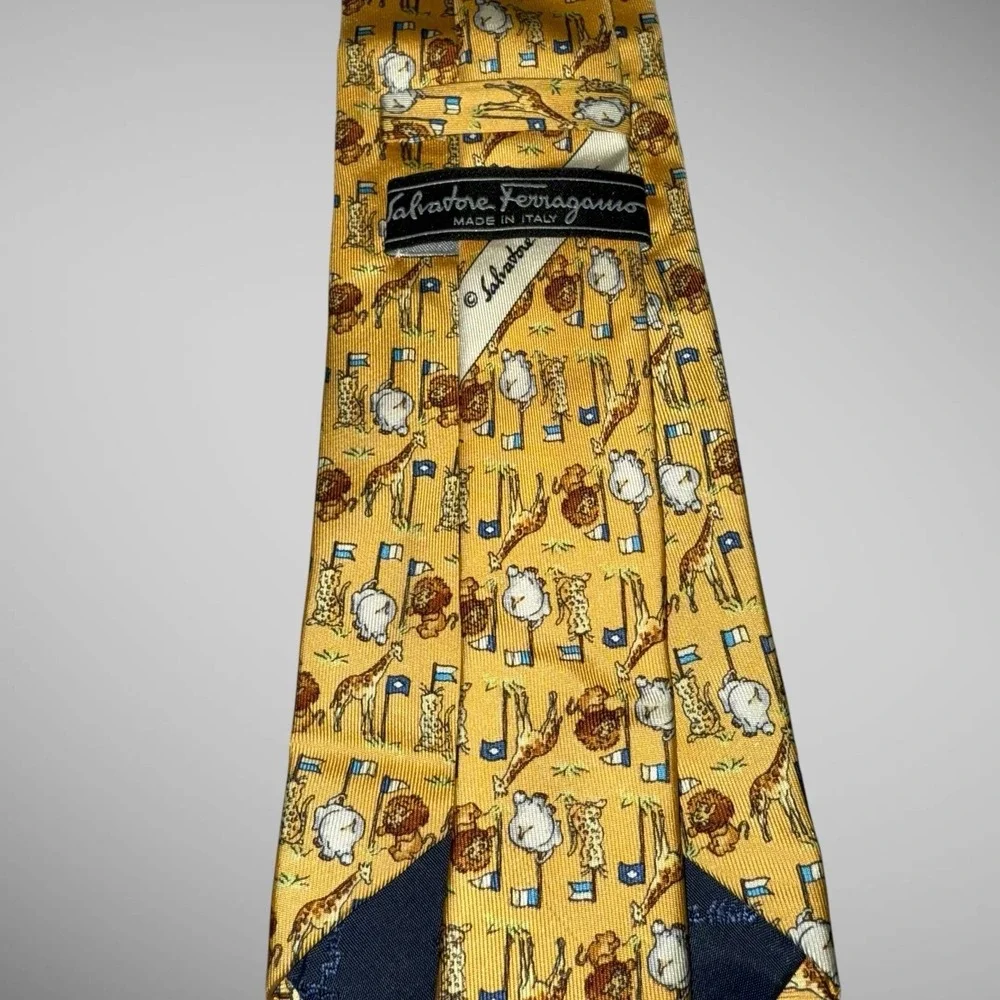 Salvatore Ferragamo Authentic‎ Men Tie Animal Pattern Silk Necktie Yellow